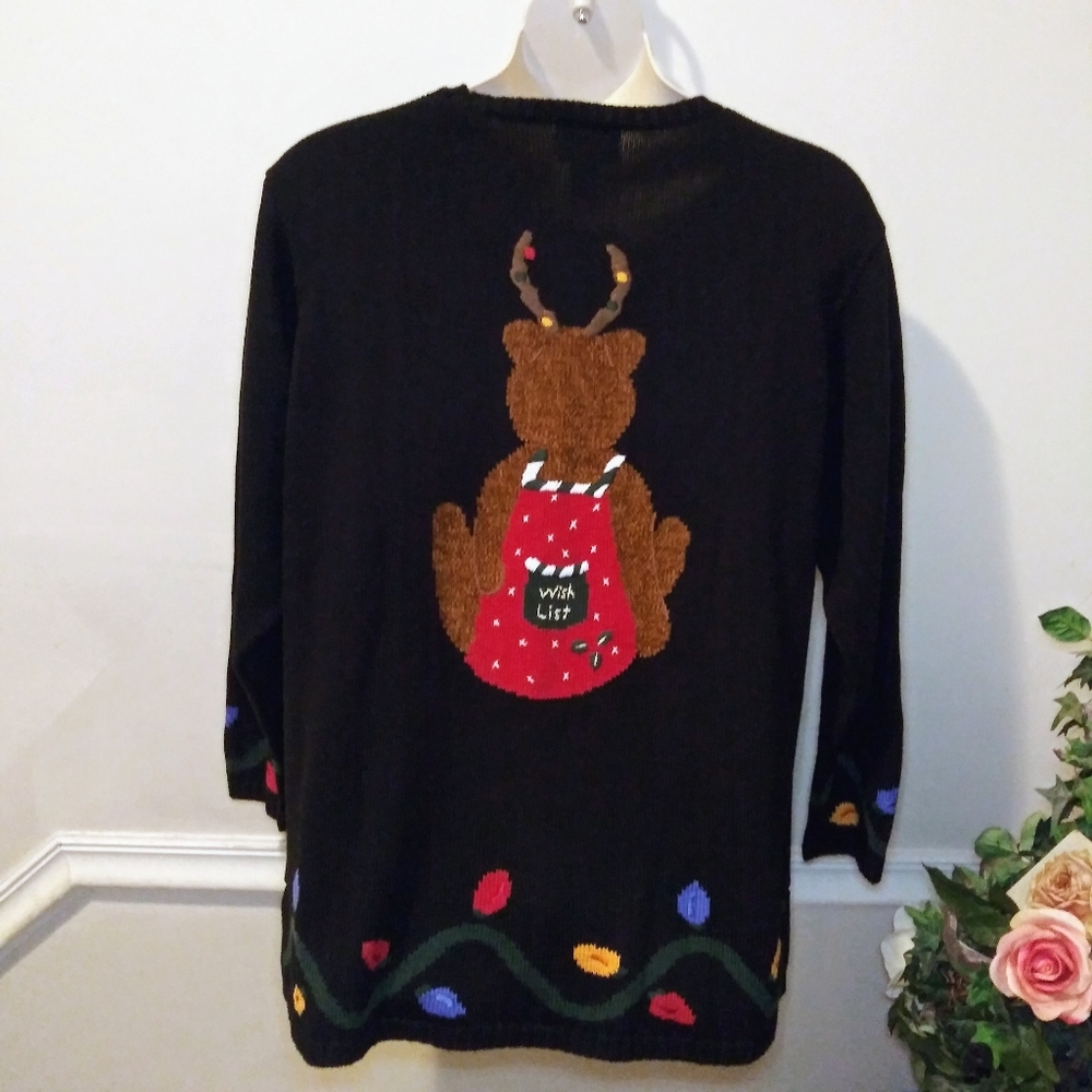 Quacker Factory Black/Multi Reindeer Teddy Bear & Christmas Lights Tunic Sweater - Picture 7 of 12